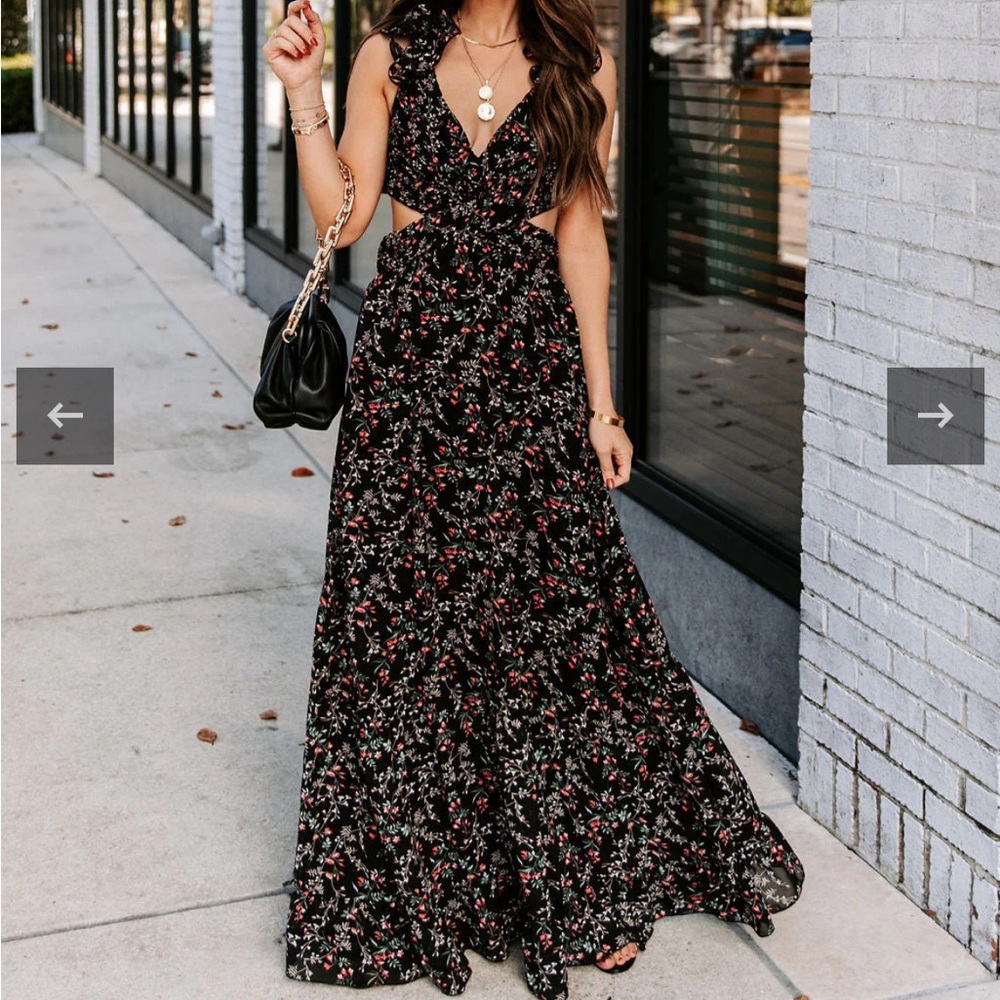 Charlotta Floral Ruffle Cutout Maxi Dress - Black